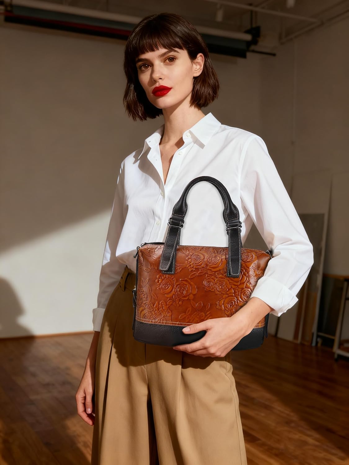 Purse and Handbags for Women Shoulder Tote Handle Medium Satchel Vintage Embossing Rose (Brown)