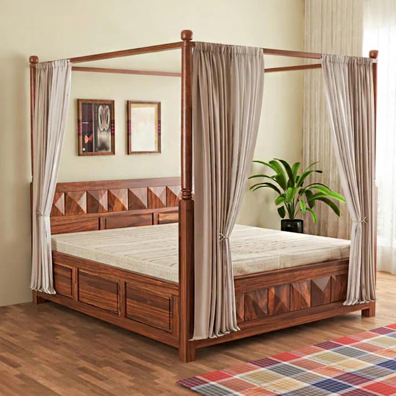 Solid Wood Sheesham Stupa King Size Poster Bed with Box Storage for Bedroom Furniture | Wooden Double Bed Cot Palang for Home Living Room and Hotels (Honey Finish)