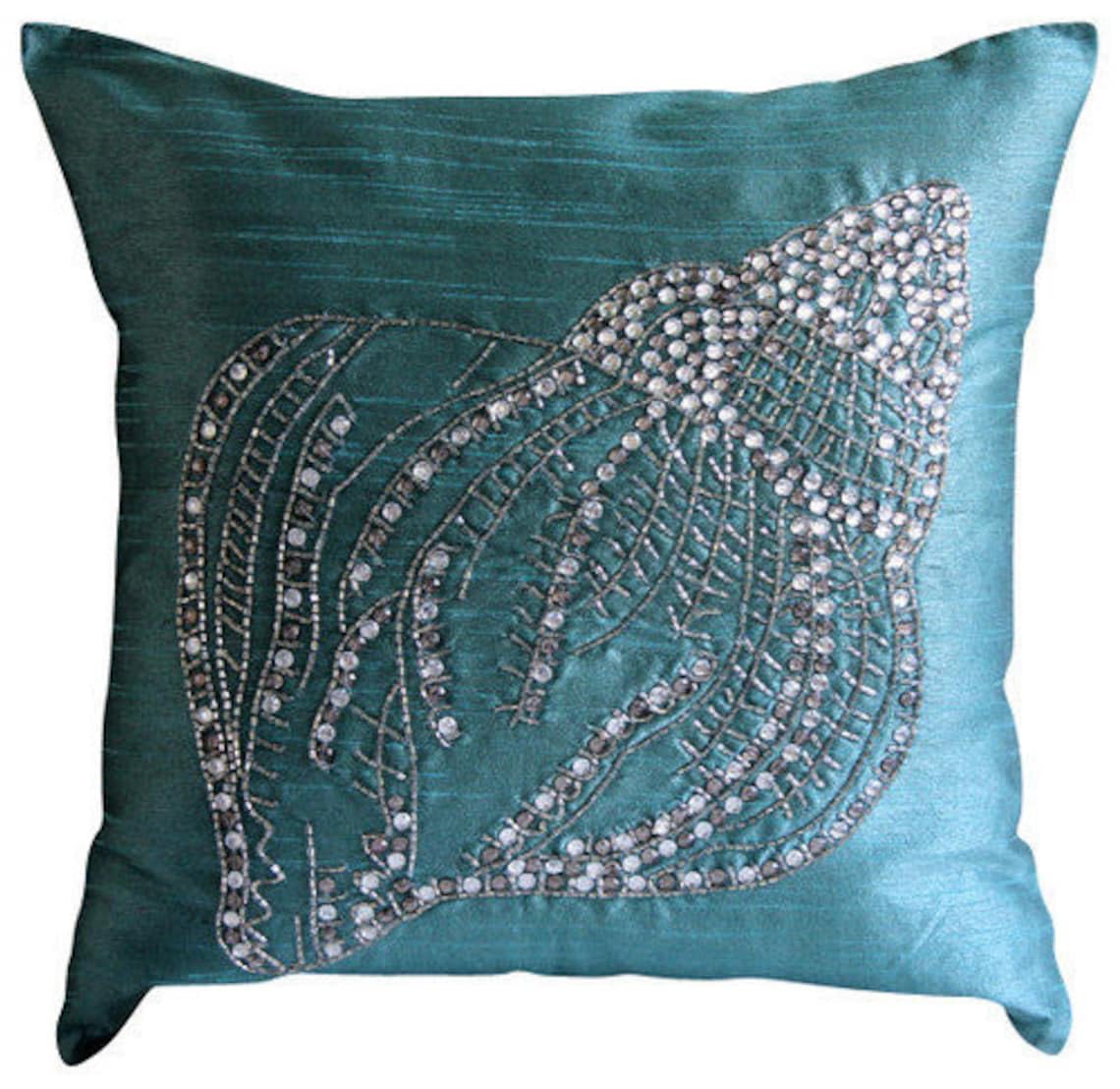 The HomeCentric Teal Blue Euro Cushion Shams, 65x65 cm (26x26 inch) Euro Cushion Covers, Sea Shell Ocean & Beach Euro Cushion Shams, Silk Euro Shams, Floral Mediterranean - Crystal Sea Shell โ image 1