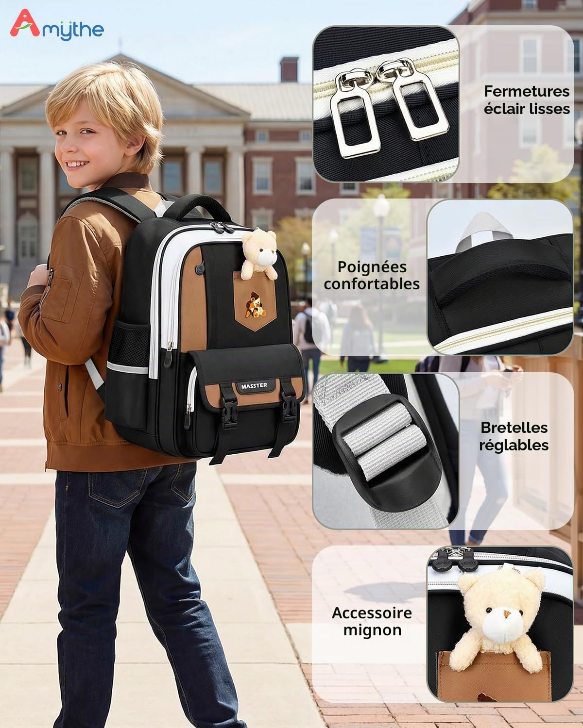 Amythe Cartable Garçon CP-CM1 6-10 Ans, Sac à Dos Primaire Enfant Léger (600g) Ergonomique avec Bandes Réfléchissantes, Imperméable pour l'École, les Voyages et le Quotidien -Noir