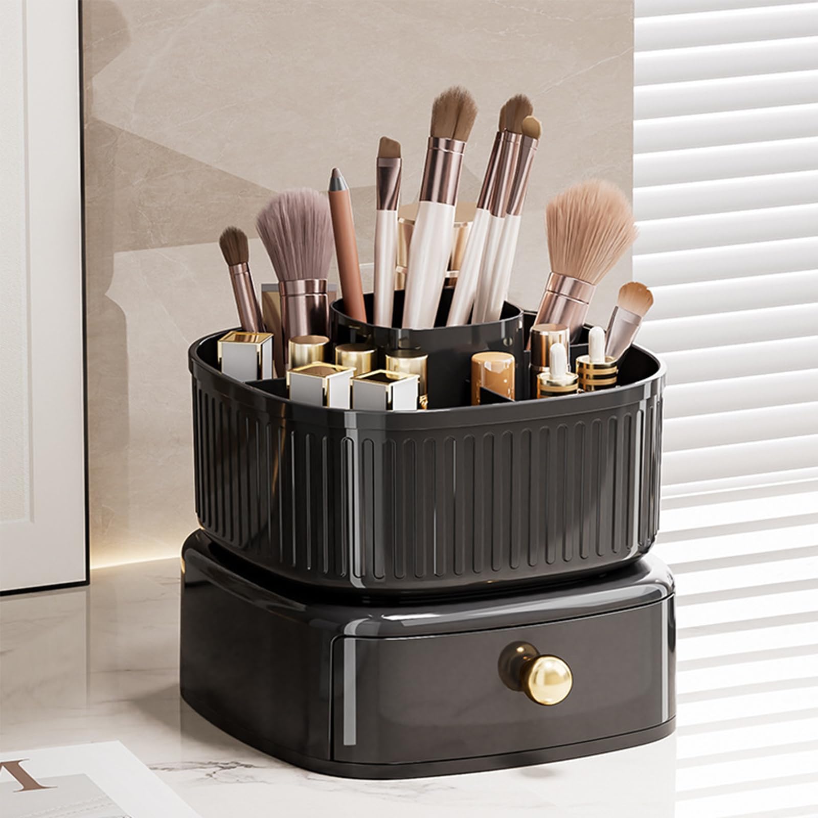 360 Rotating Make Up Brushes Organizer, Modern Stylish Cosmetic Display Case with Drawer, Jewelry Storage Cosmetics＆Perfume Organizer, Dressing Table Organiser (A-BLACK)