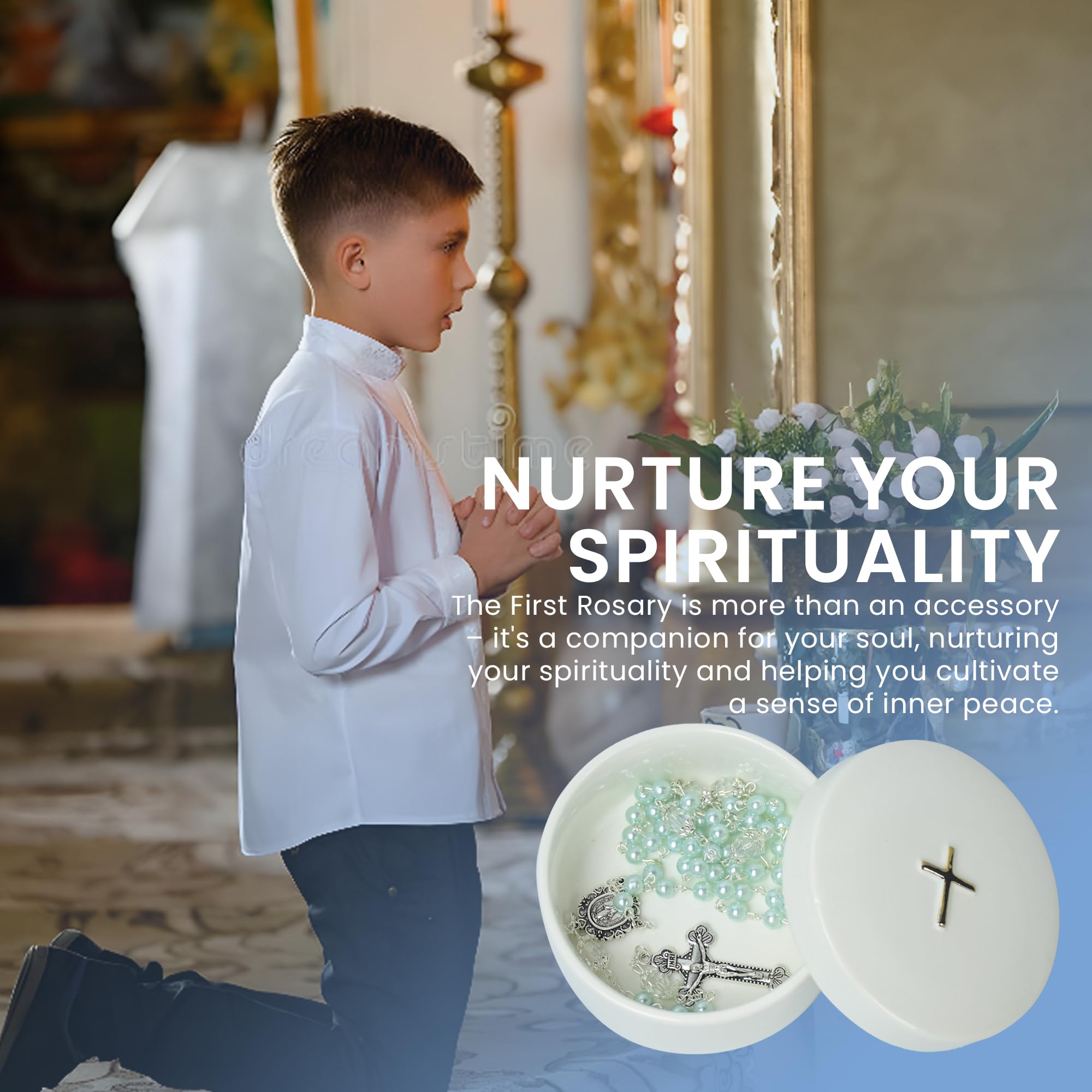 Baptism Gifts for Boys – Blue Rosary with Ceramic Keepsake Box and Card, Catholic Communion Gift, Christening and Baby Shower Rosary Beads, Sweet Treasures Gifts, Blue
