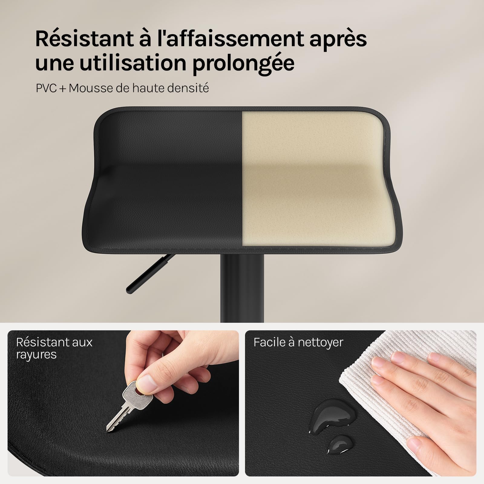 WOLTU Tabouret Bar Lot de 2, Chaise Haute Cuisine, Pivotant à 360°, Hauteur Réglable, pour Bar, Cuisine, Comptoir, Café, PVC+Métal, avec Repose-Pieds, Noir+Noir