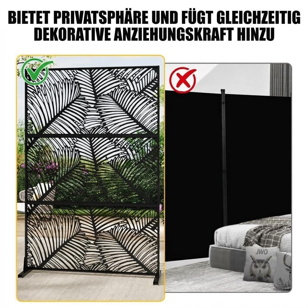 Metall Sichtschutz freistehend 188x120cm, Palmblatt Design, Stahl Trennwand | Raumteiler; Standfuß; wetterfest; dekorativ; Outdoor & Indoor; Laserschnitt; stabil; UV-beständig; Balkon; Terrasse