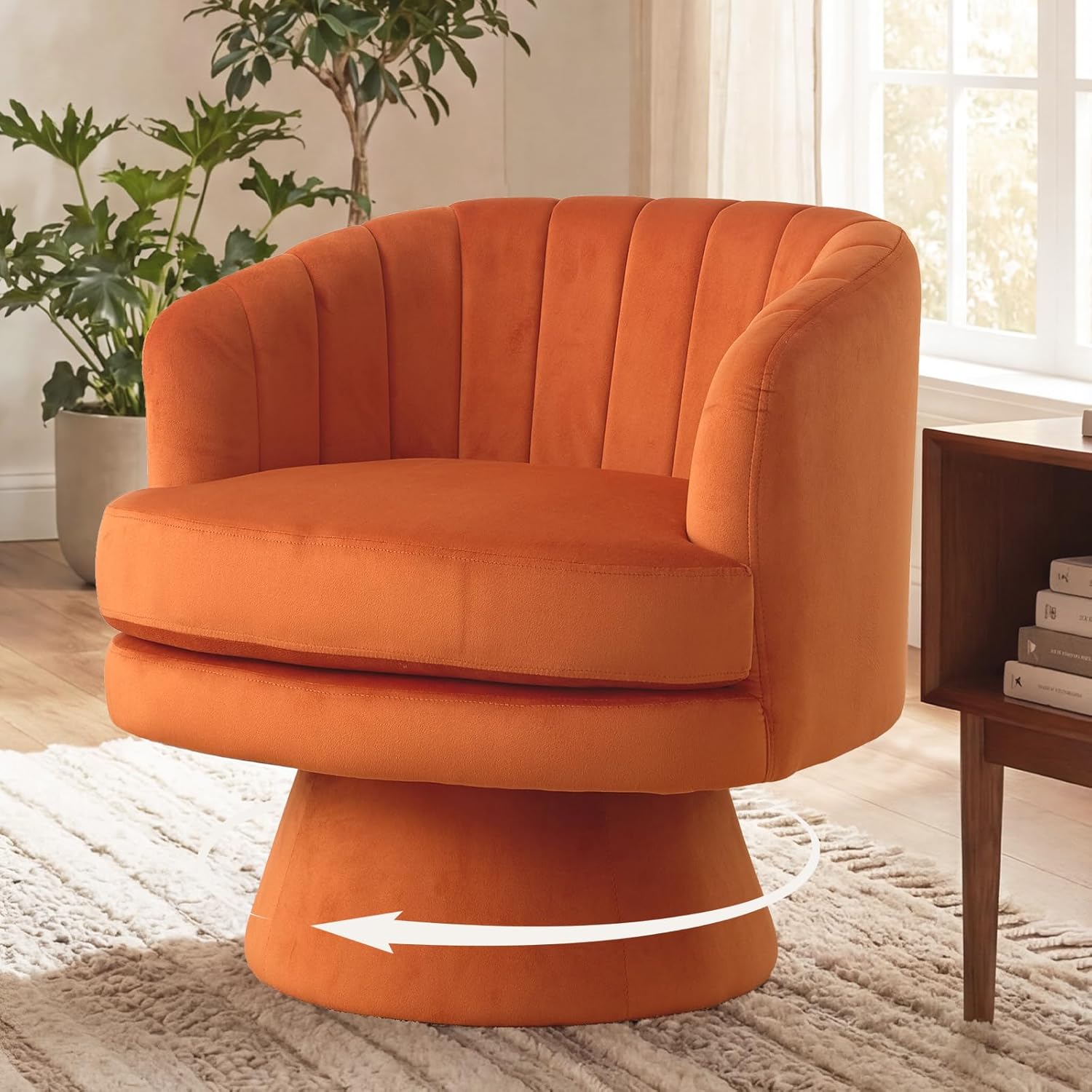 CANMOV Swivel Accent Chair with Armrest, Modern 360 Degree Swivel Barrel Chair with Curve Back and Soft Cushion, Comfy Velvet Round Armchair Single Sofa for Living Room, Bedroom, Orange