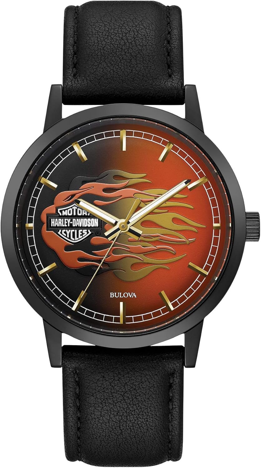 HarleyDavidson Bulova 78A123 Montre pour homme avec flammes métalliques et bracelet en cuir HarleyDavidson Bulova 78A123 Montre pour homme avec flammes métalliques et bracelet en cuir