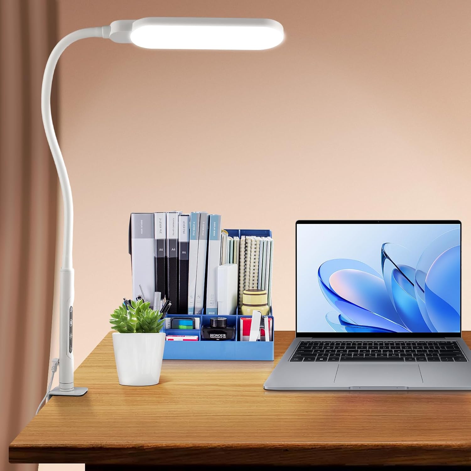 BQAN LED Desk Lamp with Clamp, 360 Flexible Gooseneck Nail Table Light Touch Dimmer, 5 Color Modes 9 Brightness Dimmable, Eye-Care Clip-on Lamp for Office Home Work, White
