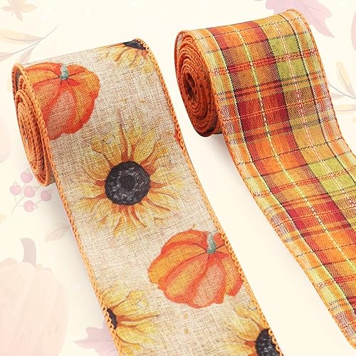 2 rollos de cintas de tela de otoño, decoración de Acción de Gracias, girasoles de calabaza, girasoles a cuadros, arpillera, cintas de lino para