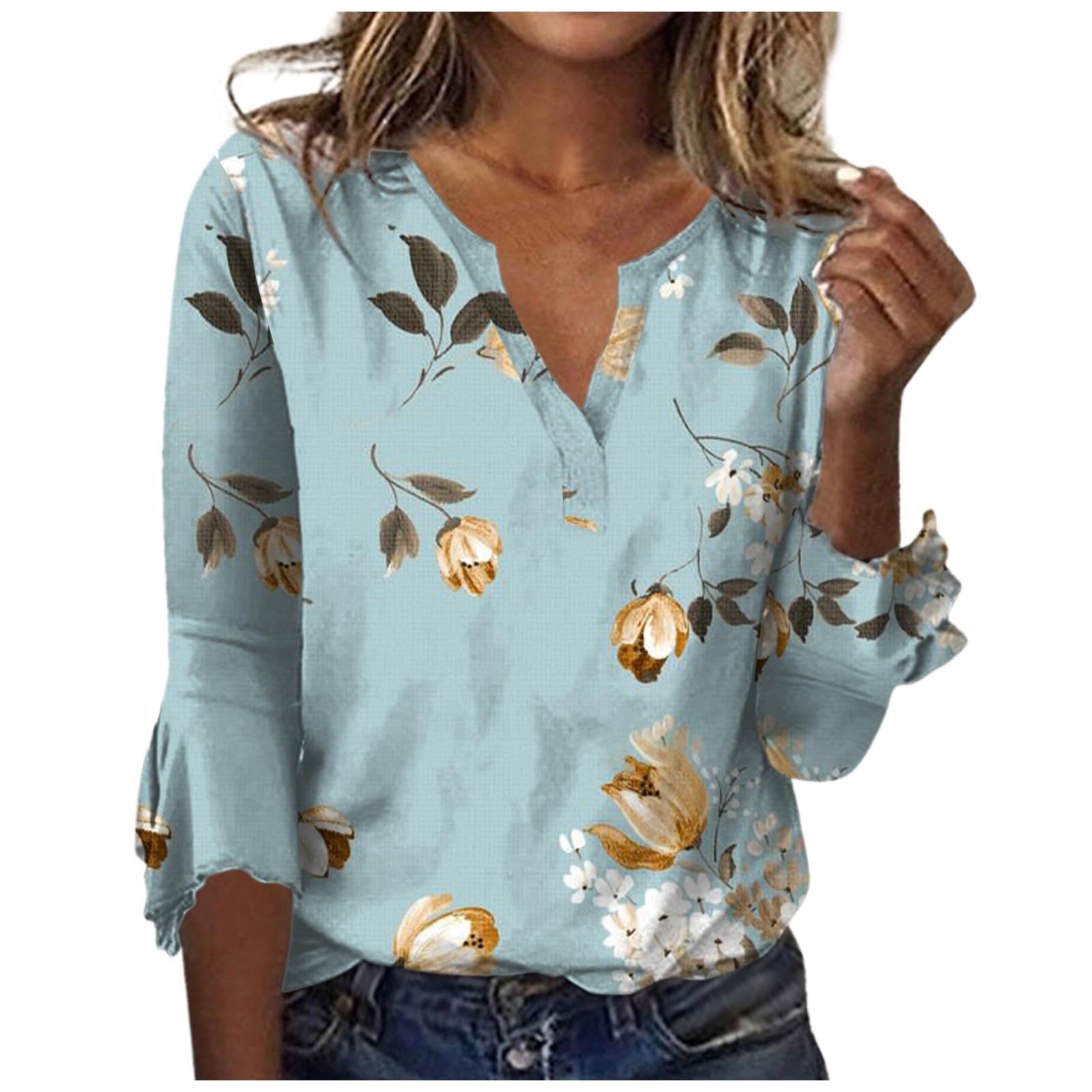 GONEBINLadies Tops and Blouses,Women's Fall Tops 2023 Loose Plus Size Casual V-Neck Printed Blouses Bell 3/4 Sleeve T-Shirt