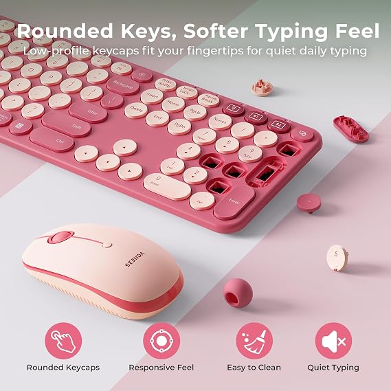 seenda COE202 Bluetooth Keyboard Mouse Combo, Retro Round Keys, Pink