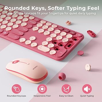 seenda COE202 Bluetooth Keyboard Mouse Combo, Retro Round Keys, Pink