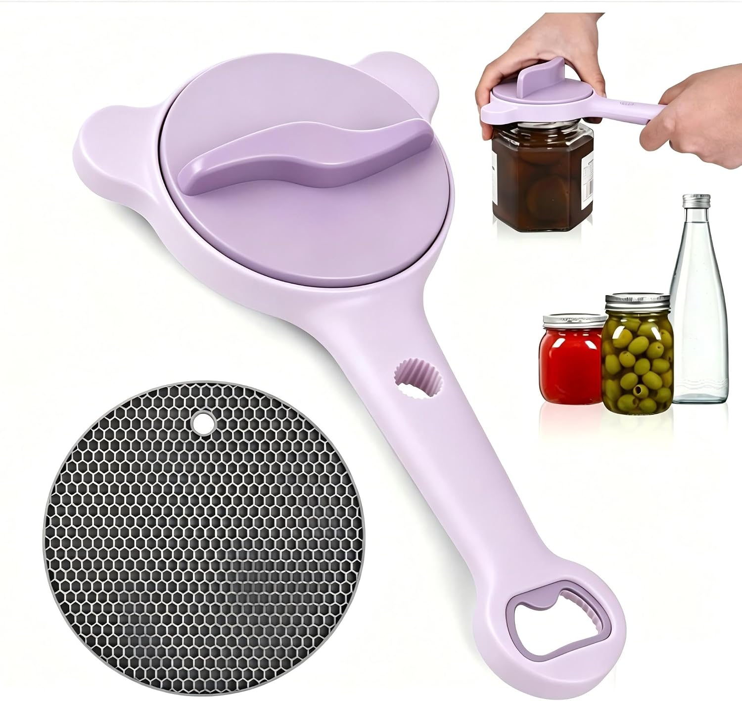 Adjustable 4-in-1 Jar Opener with Non-Slip Pad, Easy Grip Bottle Can Opener for Seniors & Weak Hands,Multi-Use Opener for Pickle Jars Soda Beer Bottles,Left-Handed&Kid-Friendly, Dishwasher Safe-Purple