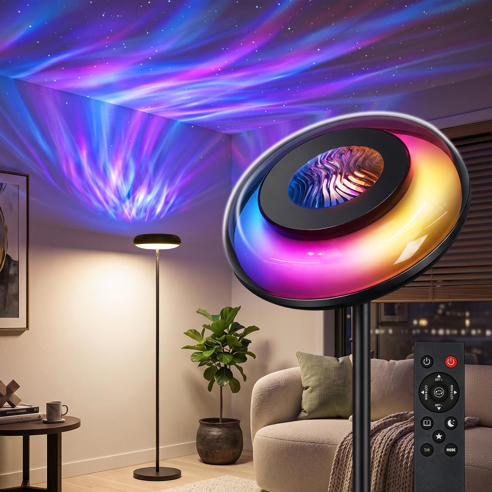 Bairth Uplighter Floor Lamp for Living Room, Ripple and Star Projector