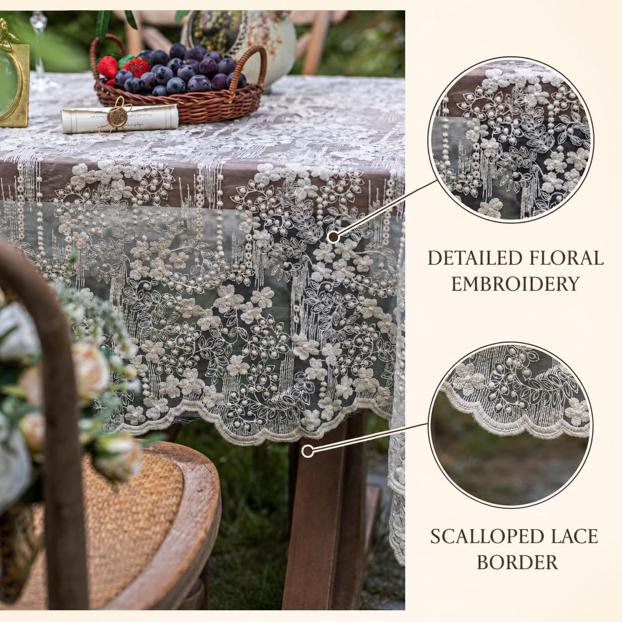 Weiße Spitzentischdecke Rechteckig–Tischtuch mit Blumenstickerei 135*220cm | Transparente Spitze Tischdecke im französischen Vintage-Stil – 7 Größen für Esstisch, Hochzeit, Gartenfest und Kaffeetafel.