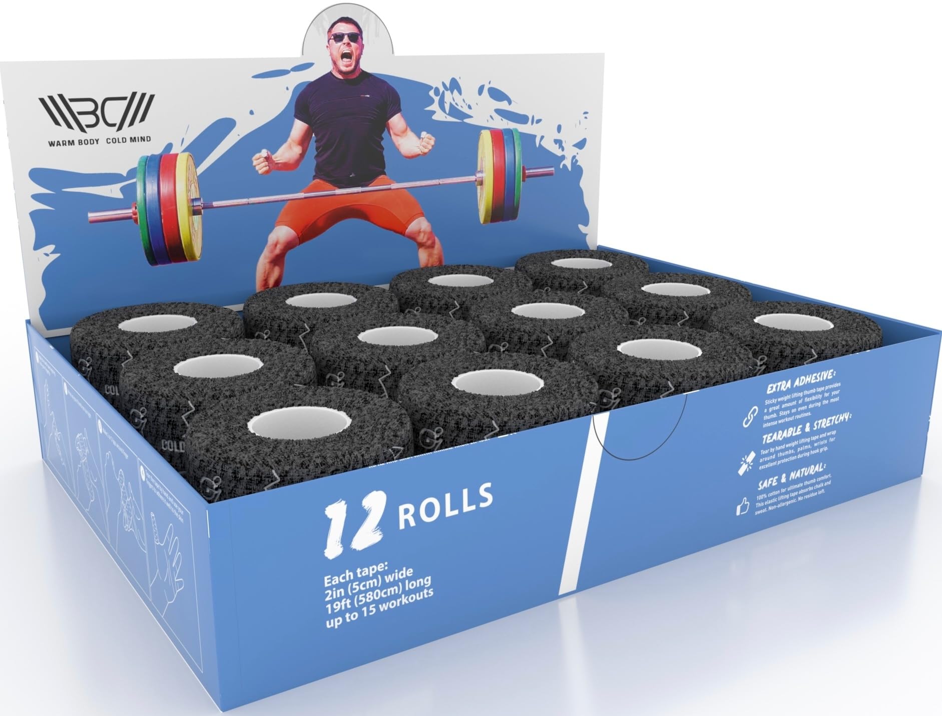 WARM BODY COLD MIND Nastro per Pollice da Sollevamento Pesi - Hook Grip Tape per Powerlifting, Cross Training, Nastro da Palestra, Allenamento, Nastro Sportivo per Dita(Nero 12 Rotoli)