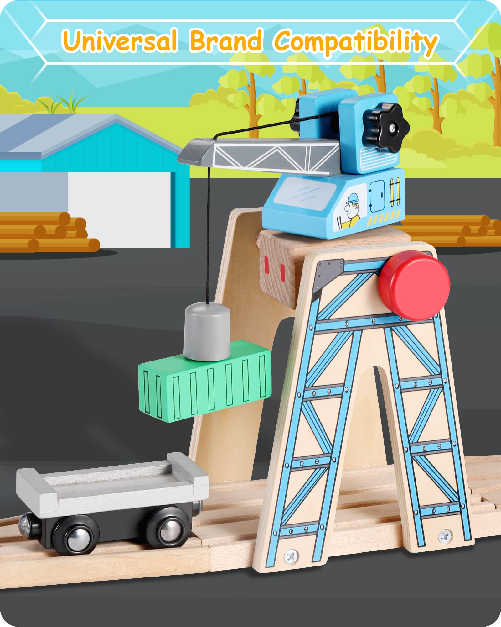 SainSmart Jr. Wooden Train Set Accessories, Magnetic Rotary Crane Set, Compatible with Brio, Thomas, Melissa and Doug