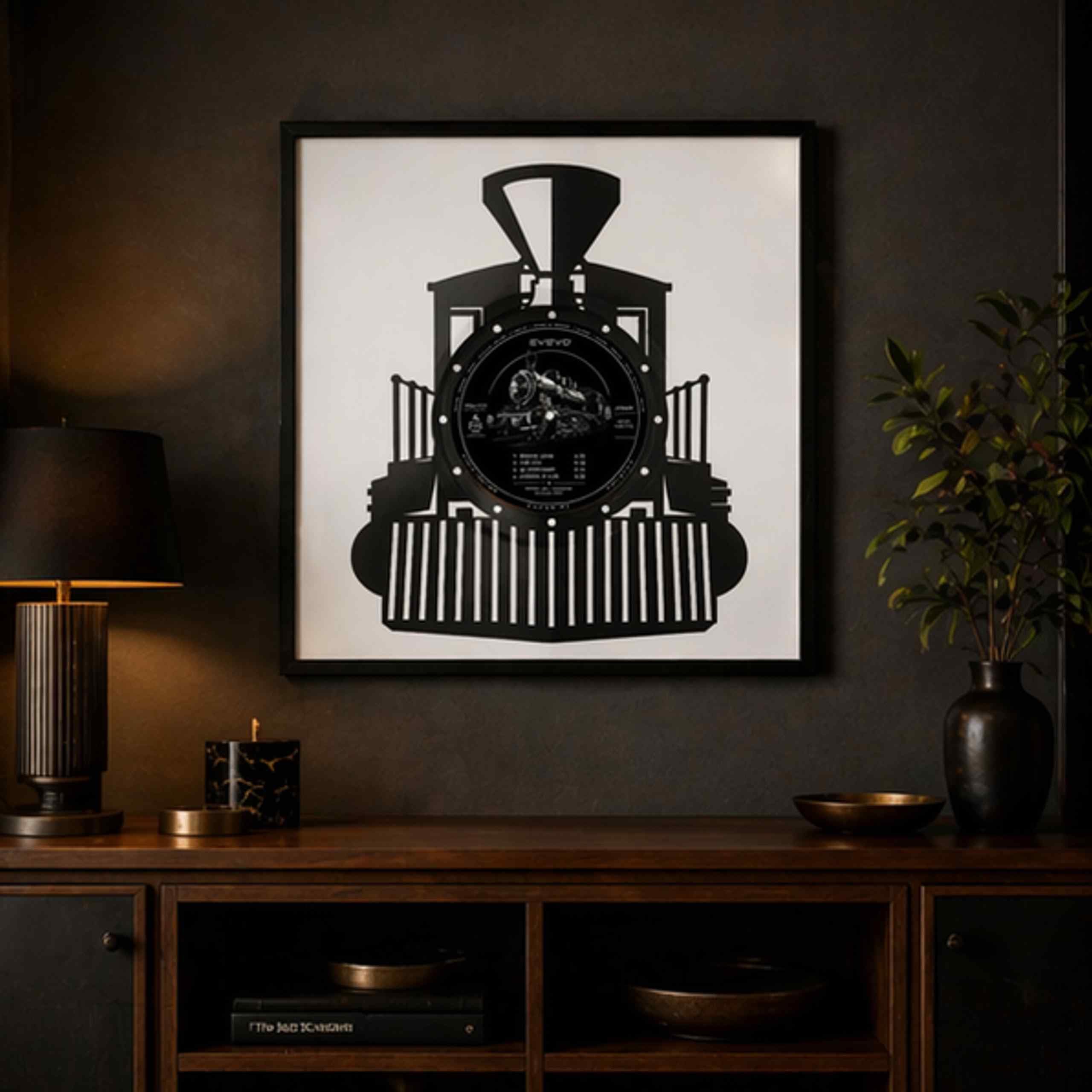 EVEVO Decorazione da parete in vinile con cornice, 32 x 32 cm, treno, decorazione da parete in vinile, motivo: loco a vapore, regalo per appassionati e collezionisti di ferrovie