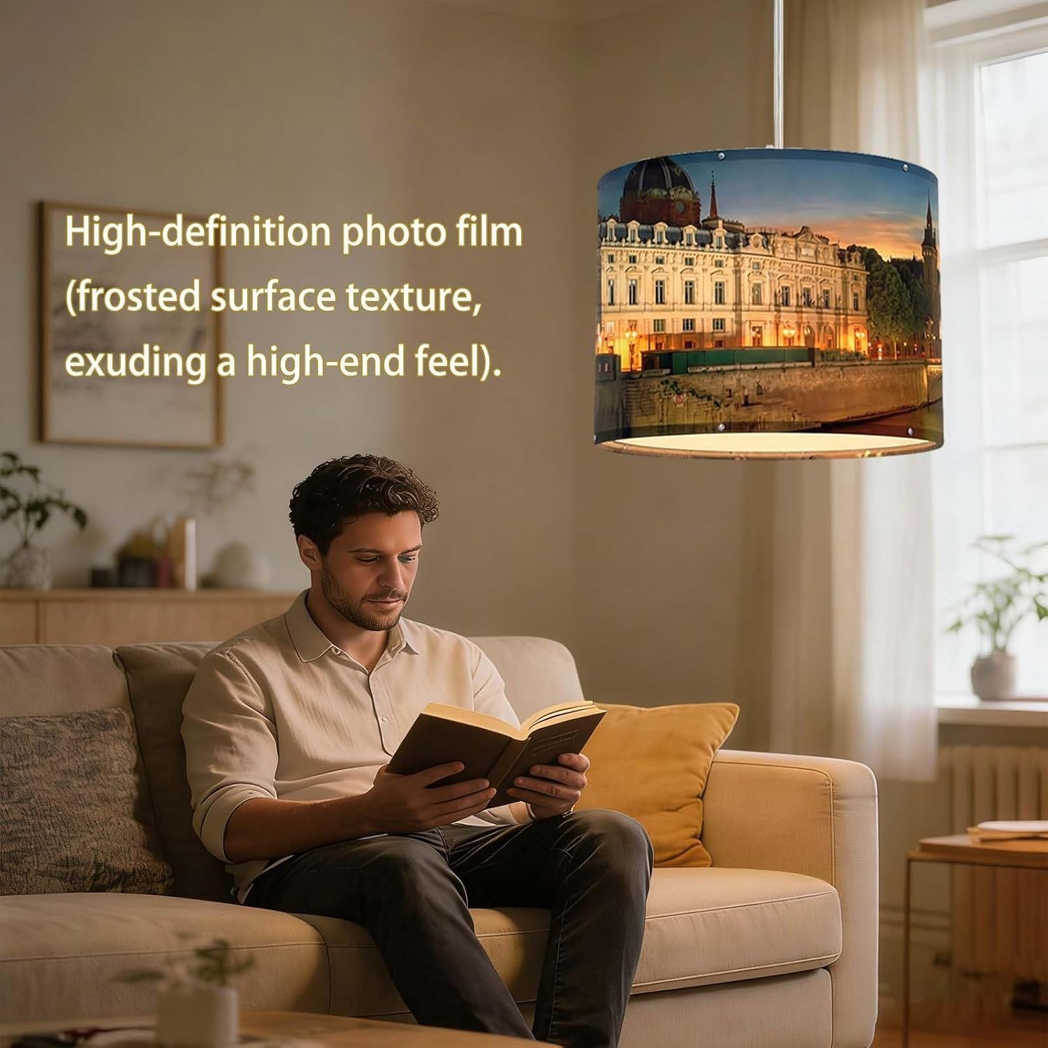 City Picture Drum Pendant Light Fixtures, 14Inch Modern Chandelier Print Hanging Ceiling Lamp, E26 Vintage Pendant Lighting for Living Dining Room Kitchen Bedroom, Customizable Printed Indoor Lighting