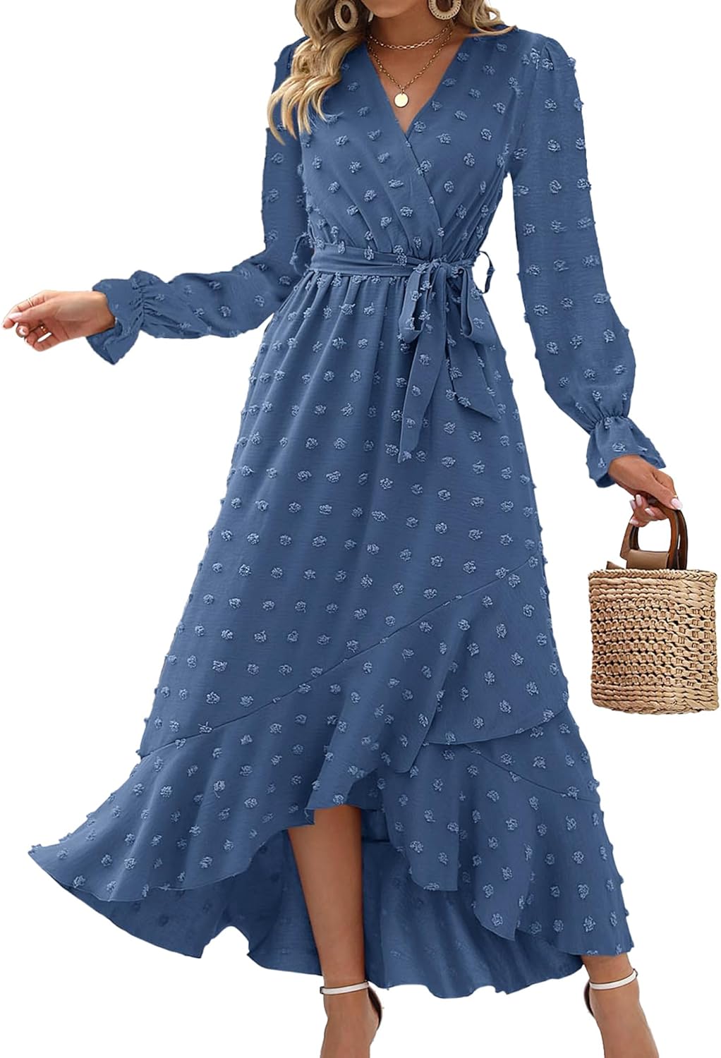 BTFBM Long Sleeve Maxi Dresses for Women V Neck Swiss Dot Boho Flowy Slit Cocktail Wedding Guest Dress Fall Clothes 2025