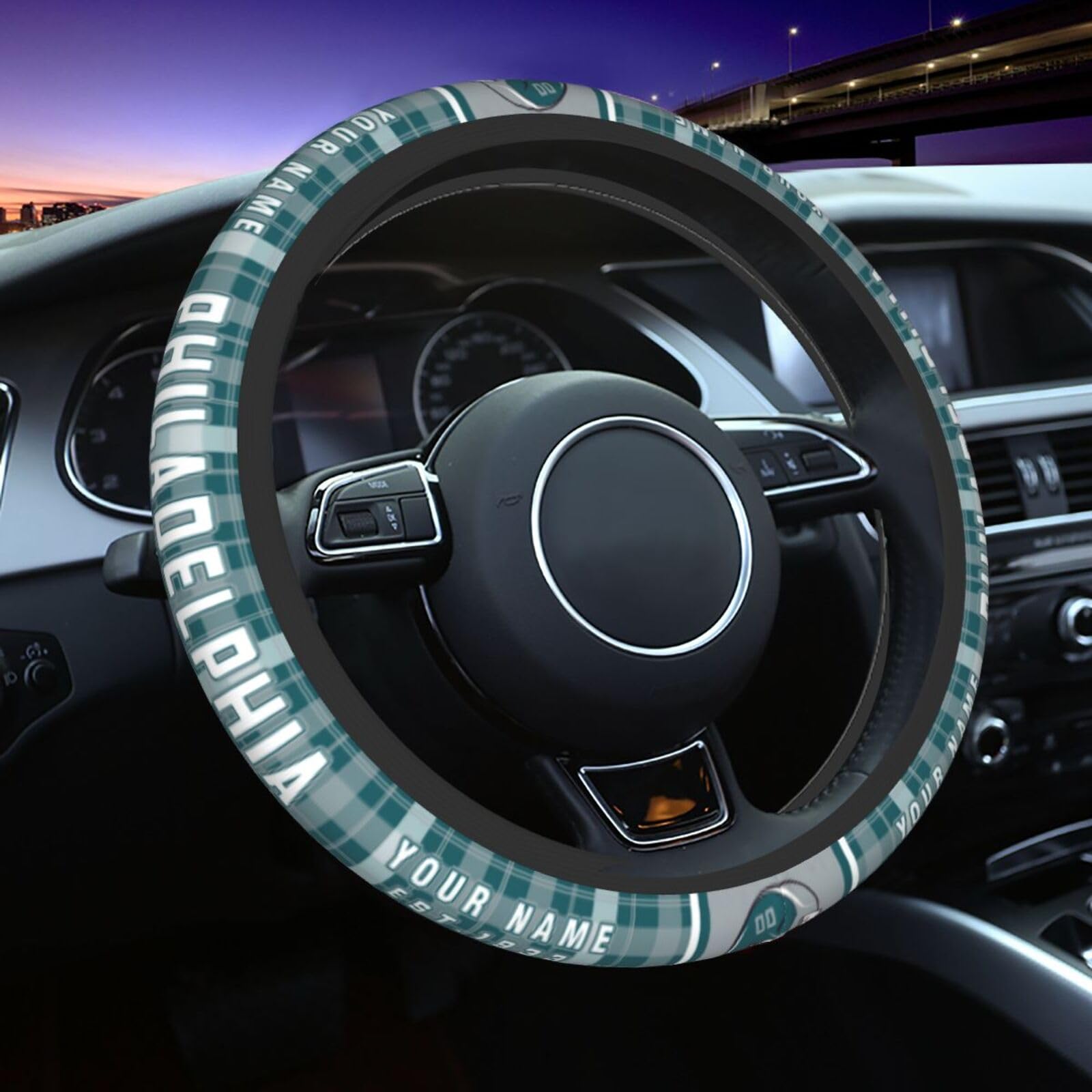 Philadelphia Custom Steering Wheel Cover, Personalized Name Number, Universal 15 Inch Car Interior Decor Protection Accessories Fans Gifts