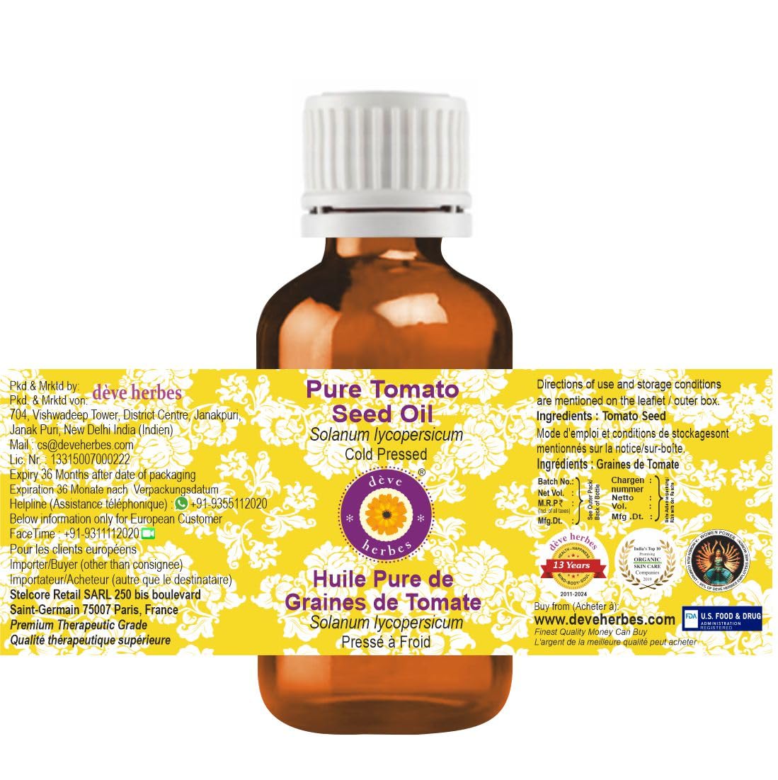 Deve Herbes Pure Huile de Graine de tomate (Solanum lycopersicum) qualité thérapeutique naturelle 100ml (3,38 oz)
