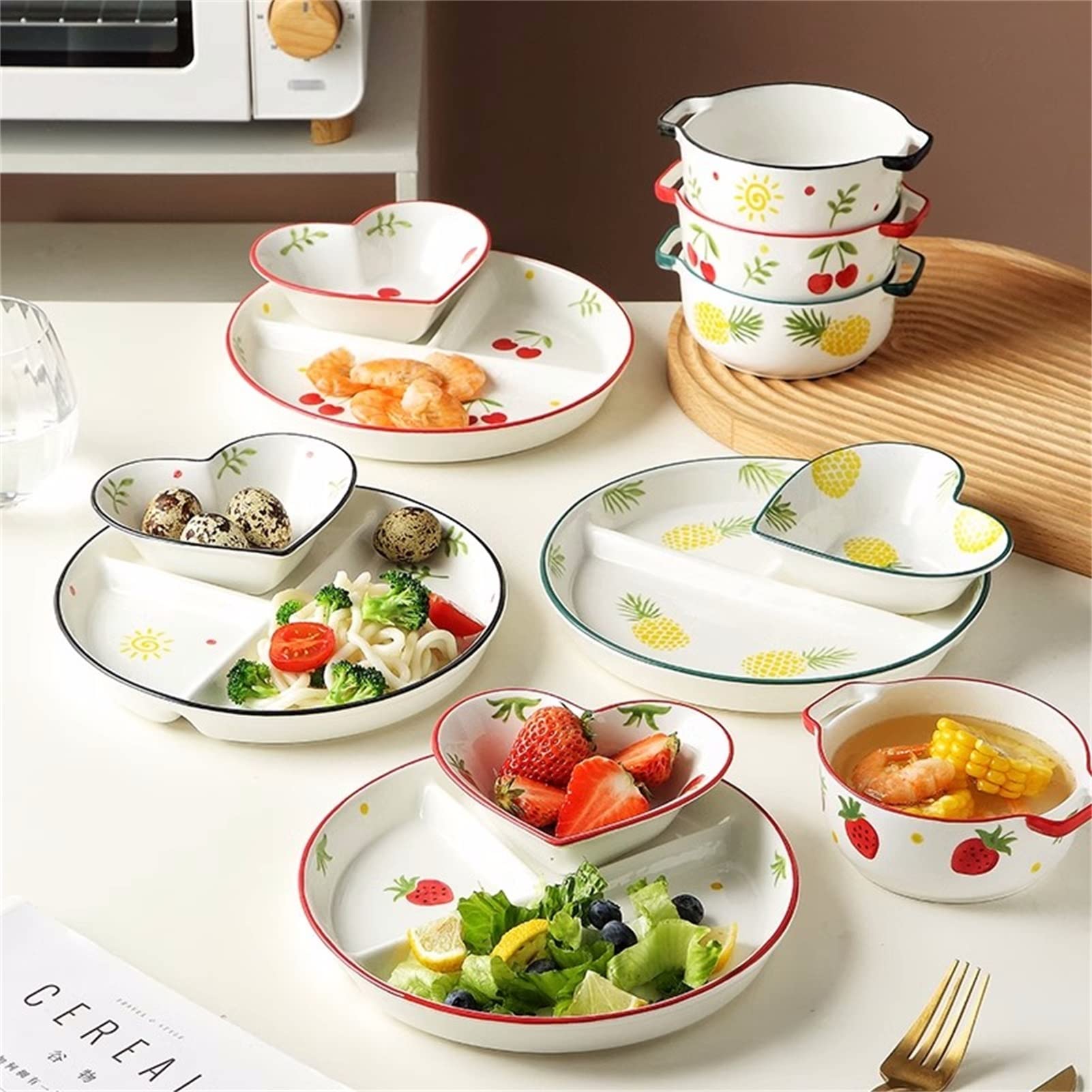 Juego de 3 cubiertos bariátricos para control de porciones, plato dividido y cuencos de sopa para control de peso, elegante color blanco con patrón de frutas, perfecto para una alimentación saludable