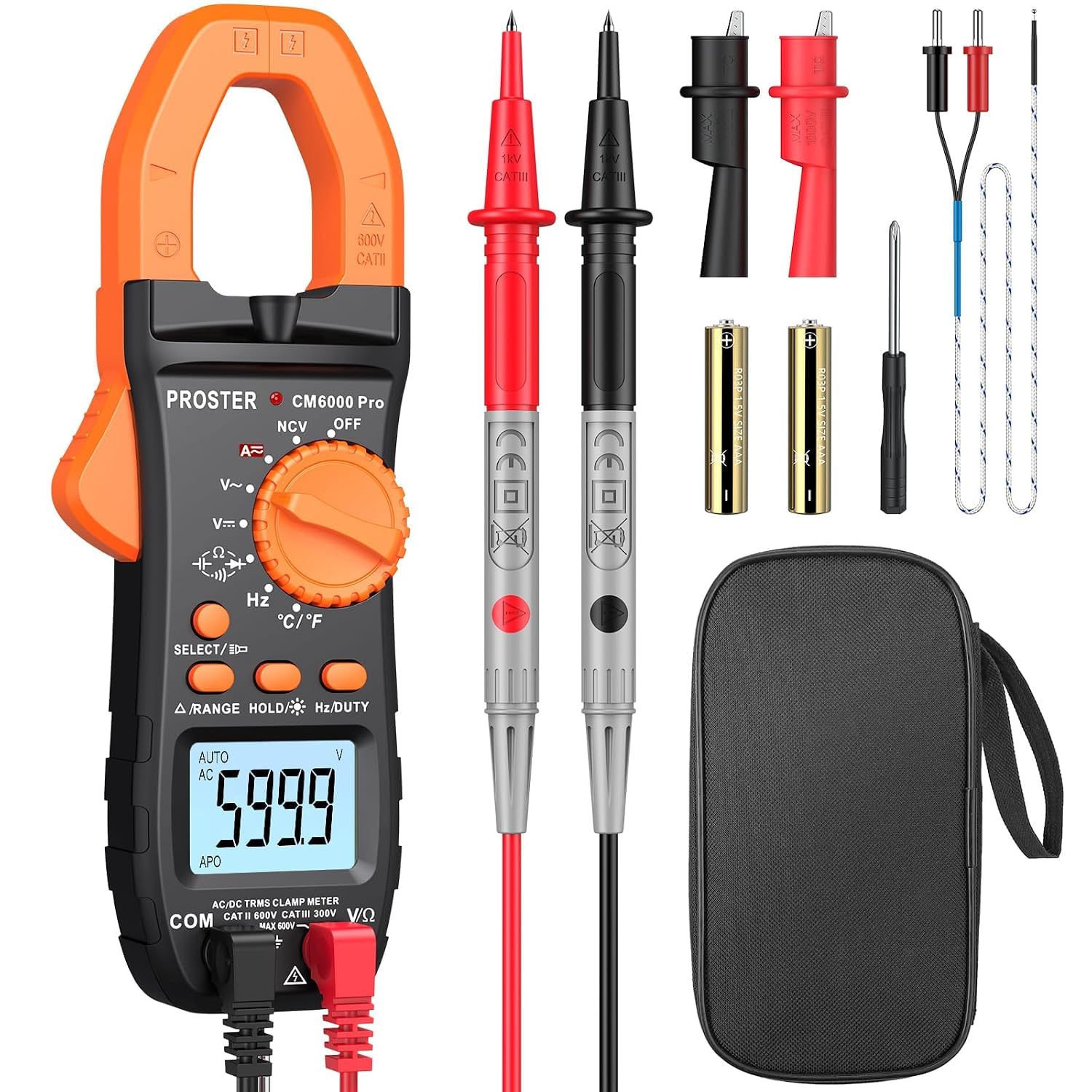Proster 6000 Count Clamp Meter 800A Amp Tester TRMS NCV Multimeter Kit