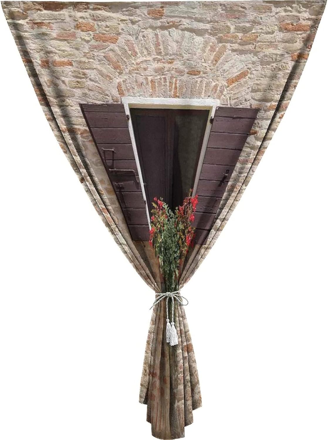 Self Adhesive Portable Blackout Curtains, Tuscan Room Darkening Curtains, Antique Window on Ancient Stone Wall With Flowers Print Temporary Blackout Blinds,47W x63L Inches, for Children Kids Bedroom