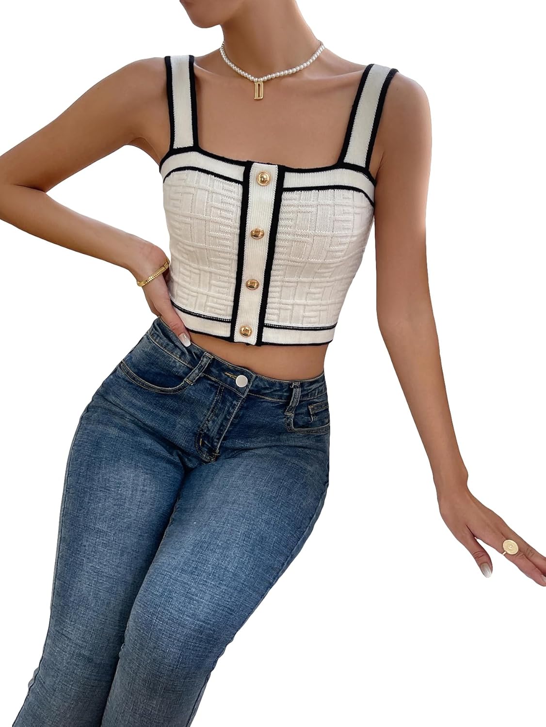 GORGLITTER Women's Old Money Clothes Knit Sweater Vest Button Front Crop Tank Tops Dressy Square Neck Business Casual - Image 3