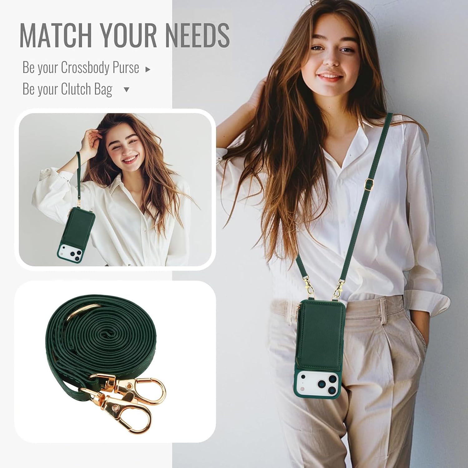 Crossbody Wallet Case for iPhone 17 6.3"/6.5"/6.9",RFID Blocking PU Leather Zipper Handbag Purse Flip Cover Cases with Card Slots,Wrist Strap Lanyard (Green, for iPhone 17 Pro Max 6.9", iPhone 17)