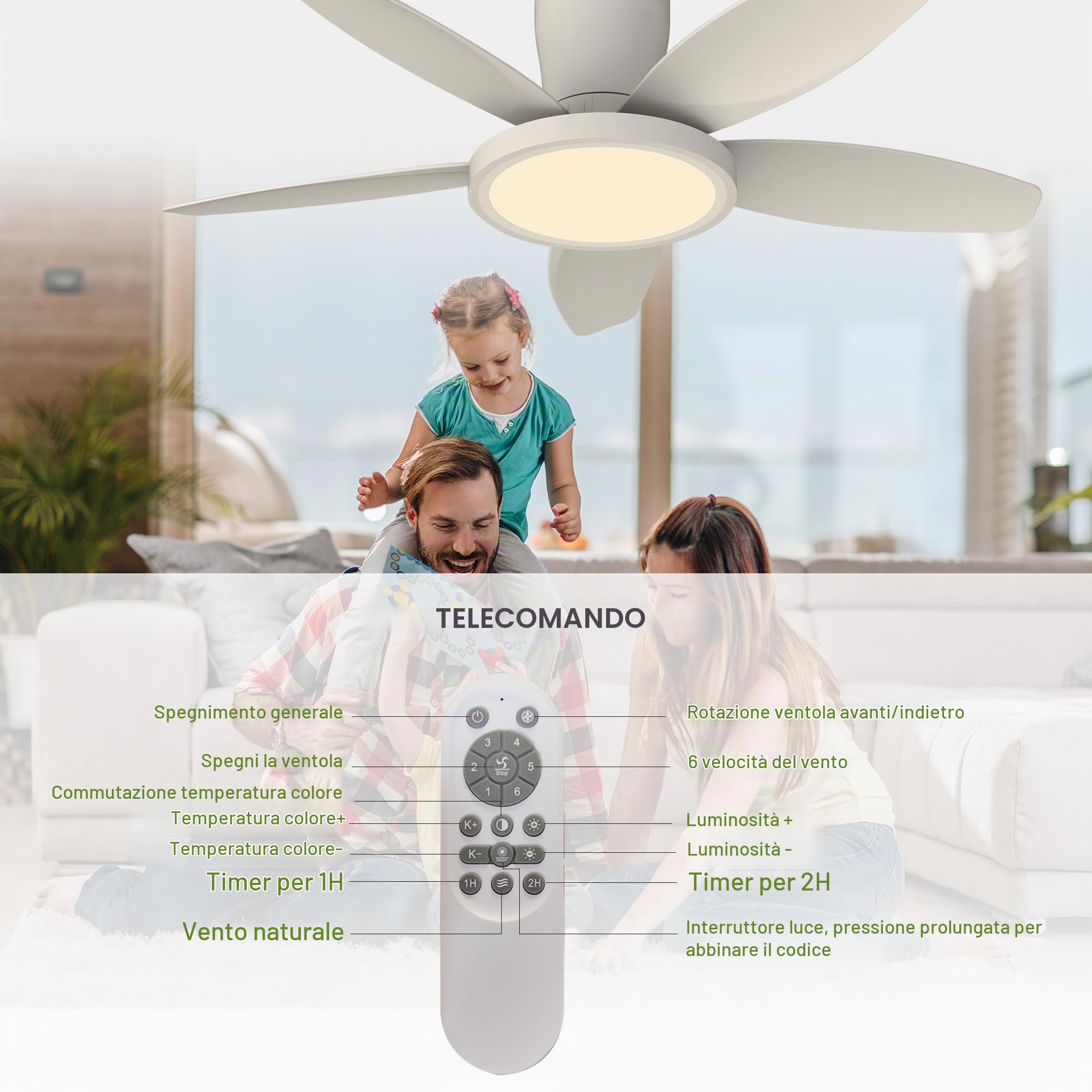 Qcyuui 106 cm Ventilatore da Soffitto con Luce LED Silenzioso, Motore DC Reversibile, Telecomando, 6 Velocità, Temporizzatore, Controllo Separato per Camera da Letto, Salotto e Cucina