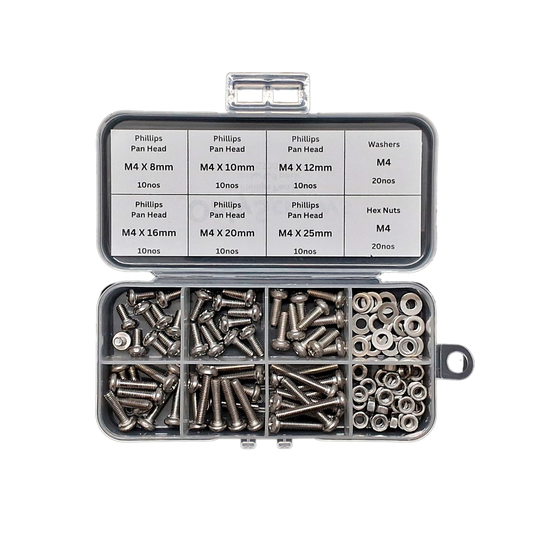 OnlyScrews M4 Phillips Pan Head Machine Screws, SS304 Stainless Steel Assorted Box Set with Washers and Nuts, 8mm to 25mm Length-image-4