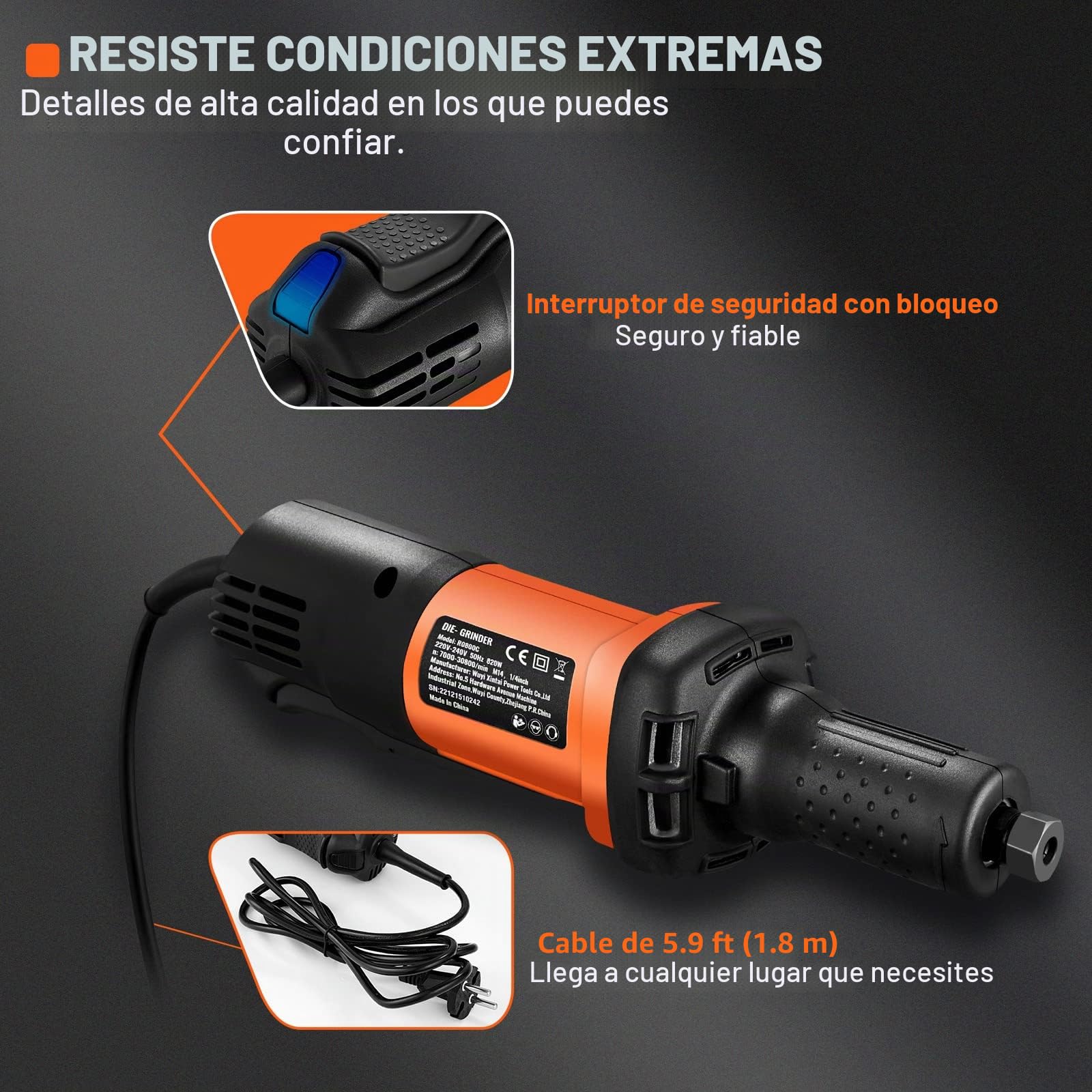 VEVOR Amoladora de Troquel Eléctrica 820W Amoladora Recta 7000-30000rpm Amoladora de Troquel Neumática 6 Velocidades con Cable de 1,8m Pinza 3mm y 6mm Funcionamiento Silencioso para Lijar Pulir Cortar