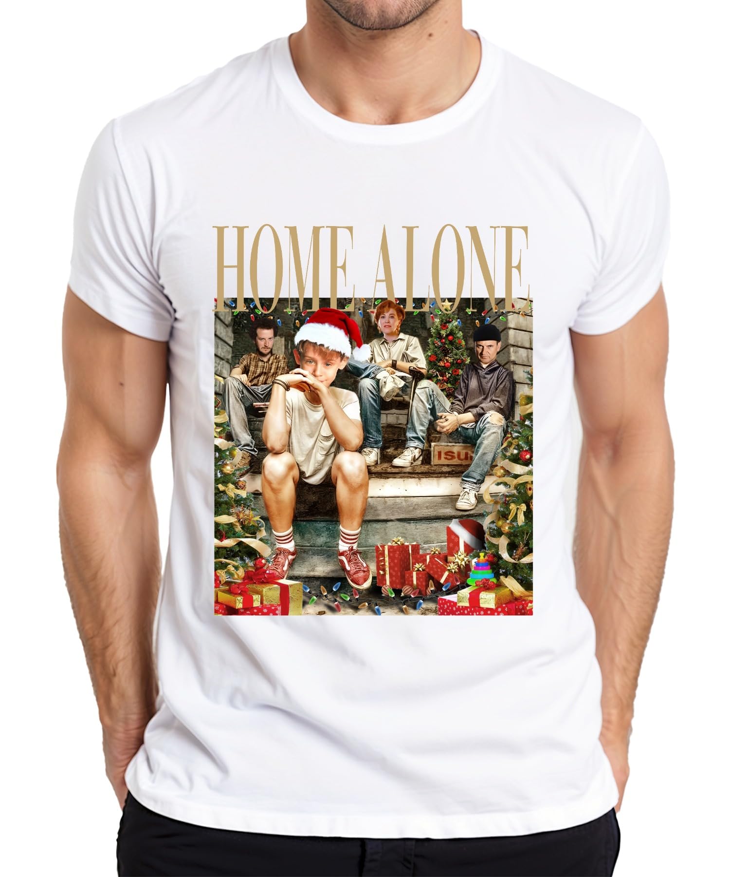 Printera Men's White Home Alone Gangster Retro Vintage Kevin Kate Harry Marv - Christmas Xmas T-Shirt, M