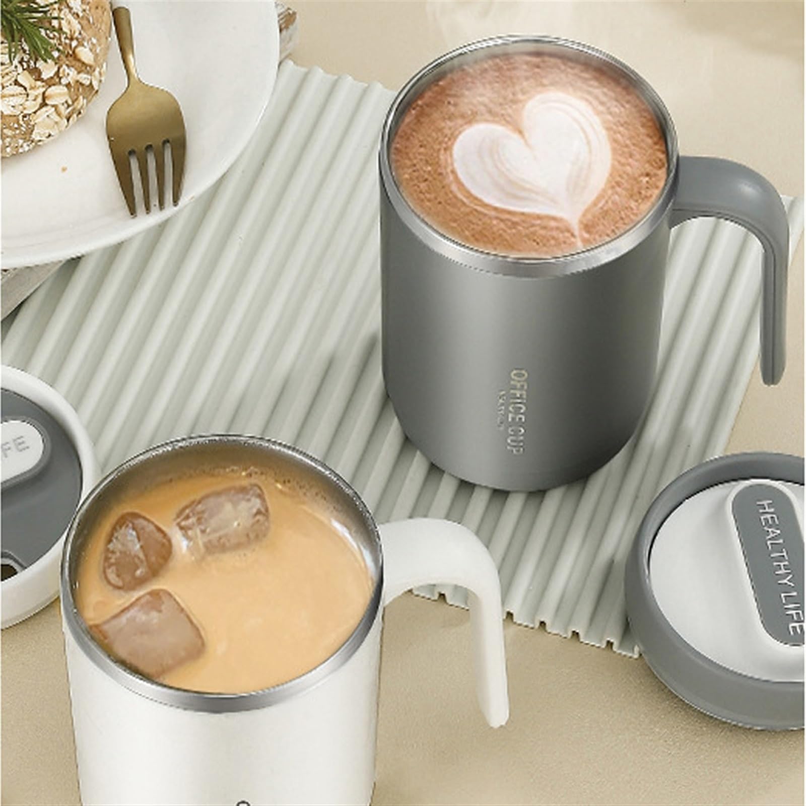 Kaffeebecher Kaffeetasse mit Griff und Deckel, isolierte Teetasse aus Edelstahl, 500 ml, wiederverwendbar, for Schule, Reisen, Büro Kaffeetasse (Color : Grijs)