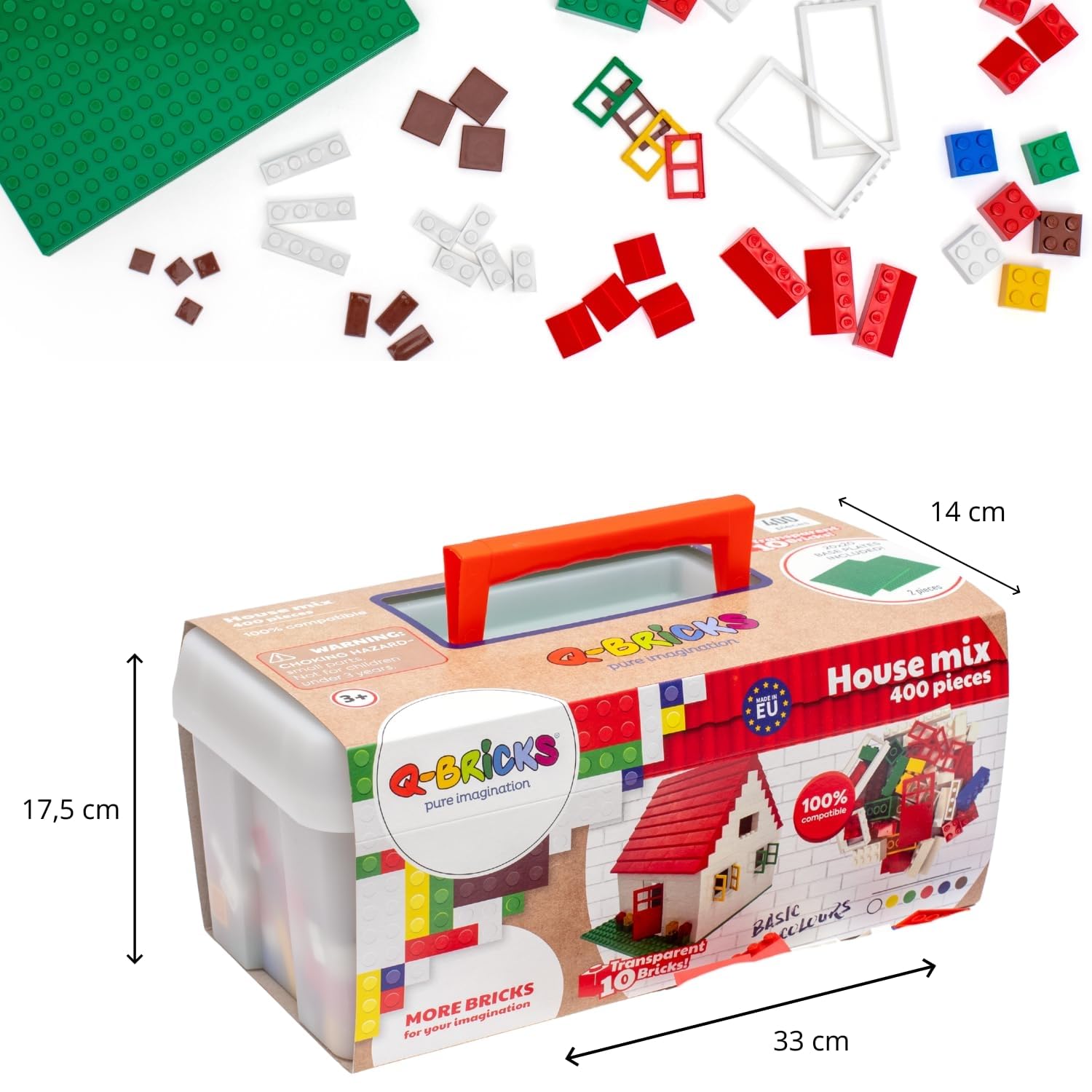 Jeux de Briques de Construction | Ensemble de 400 pièces | Comprend 19 Formes, Dont Portes, fenêtres, tuiles de Toit et plaques de Base | 8 Couleurs | Coffret de Rangement réutilisable