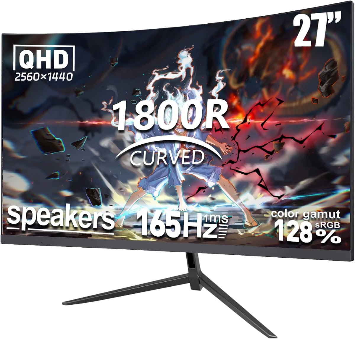 Monitor de juegos curvo de 27 pulgadas: monitor de computadora QHD 1440P 165 Hz con actualización, respuesta de 1 ms, soporte DP HDMI VESA 120% sRGB HDR Eye Care, bisel delgado, soporte ajustable