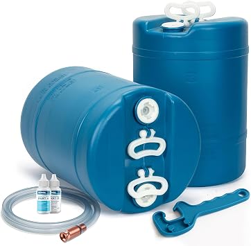 Legacy Food Storage 2 Pack Emergency Water Storage Containers, 15 Gallon Water Tanks, BPA-Free Food Grade Plastic, with Siphon Hose & Wrench, for Camping, Prepping, Survival 15.7" D x 21.5" H