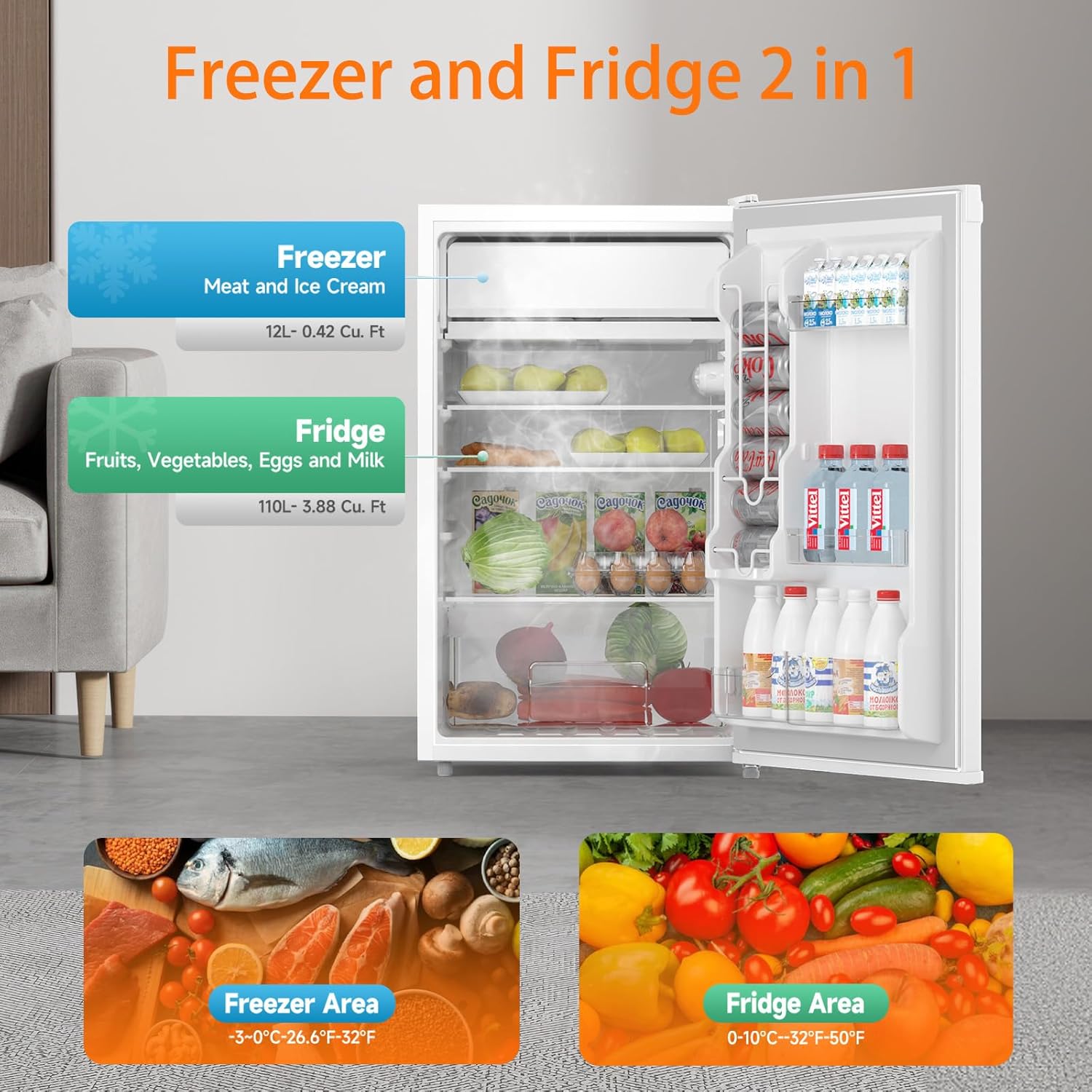 4.3 Cu.Ft Mini Fridge with Freezer, Single Door Refrigerator With 7 Settings Temperature Adjustable and 3 Removeble Shelves, Low Noise, Dorm Fridge, Mini Refrigerator for Bedroom, Office, Dorm
