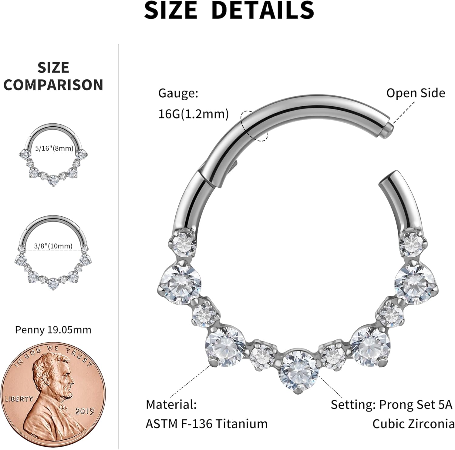 FINE4U 1PC ASTM F136 Titanium Nose Ring Hoop 16G 8mm 10mm for Daith, Septum - Image 2