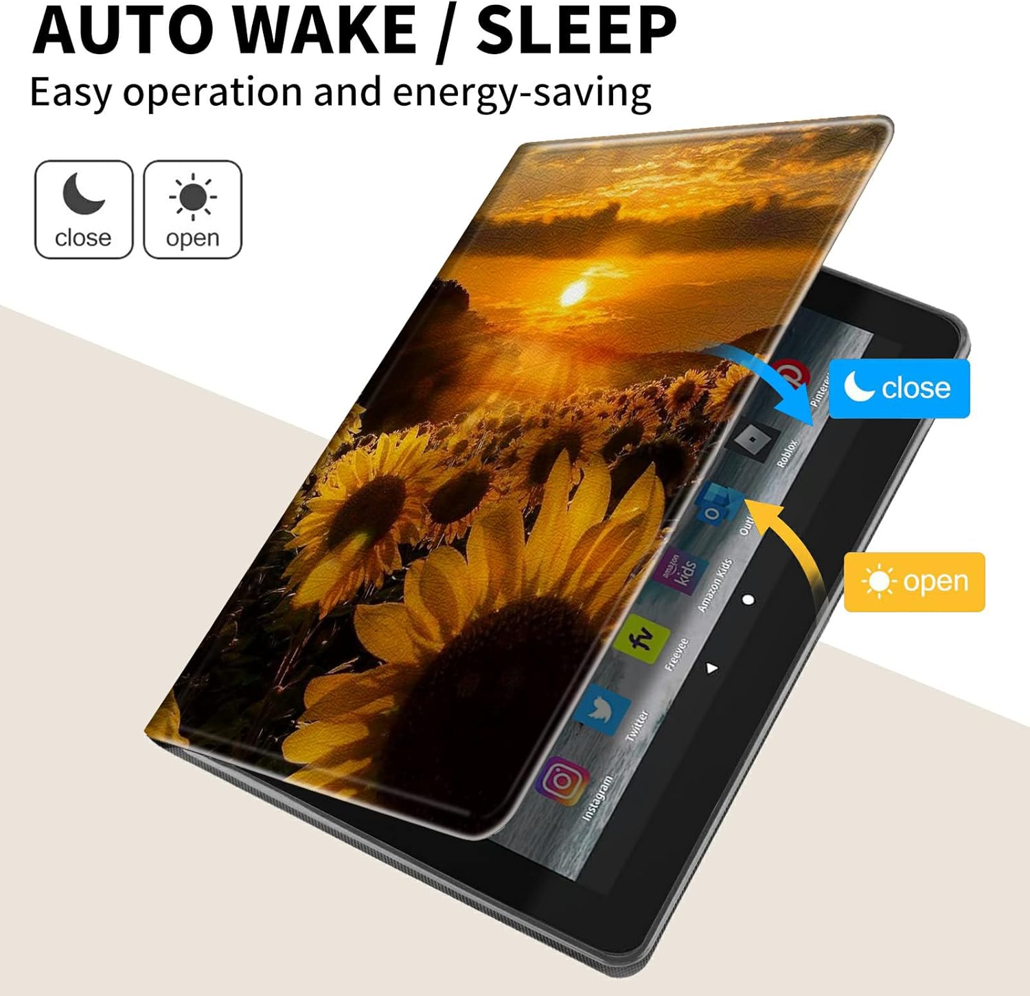 Case for Fire HD 8 & Fire HD 8 Plus Tablet (Fits Both 12th/10th Generation, 2022/2020 Release) 360 Degree Rotating Swivel Stand PU Leather Cover with Auto Wake Sleep, Sunset Sunflower