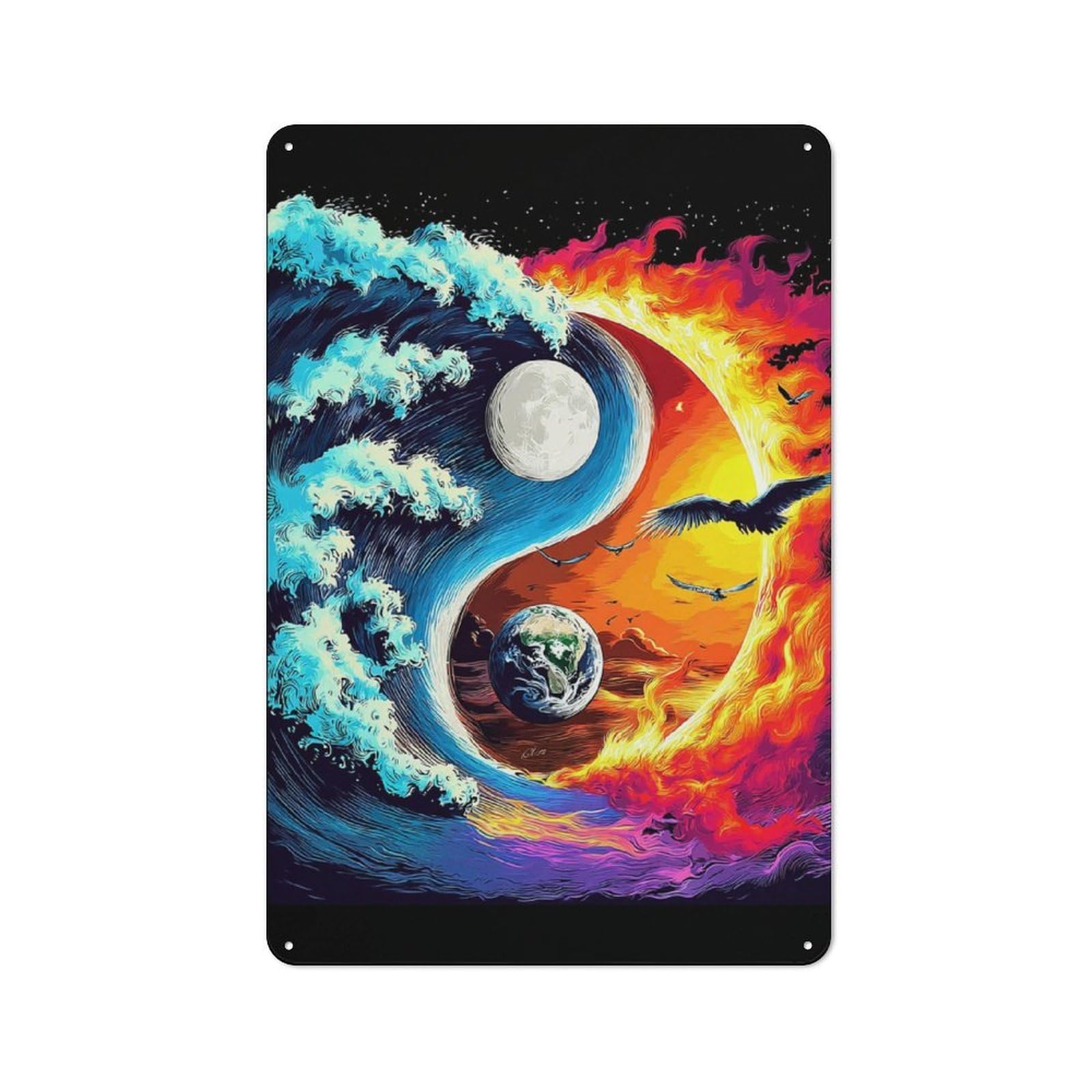 Junmoney Yin Yang Harmony Earth, Moon, Sun Retro Metal Wall Decor 30X20cm, Tin Wall Sign For Bakery, Diner, Cafe Or Family Room