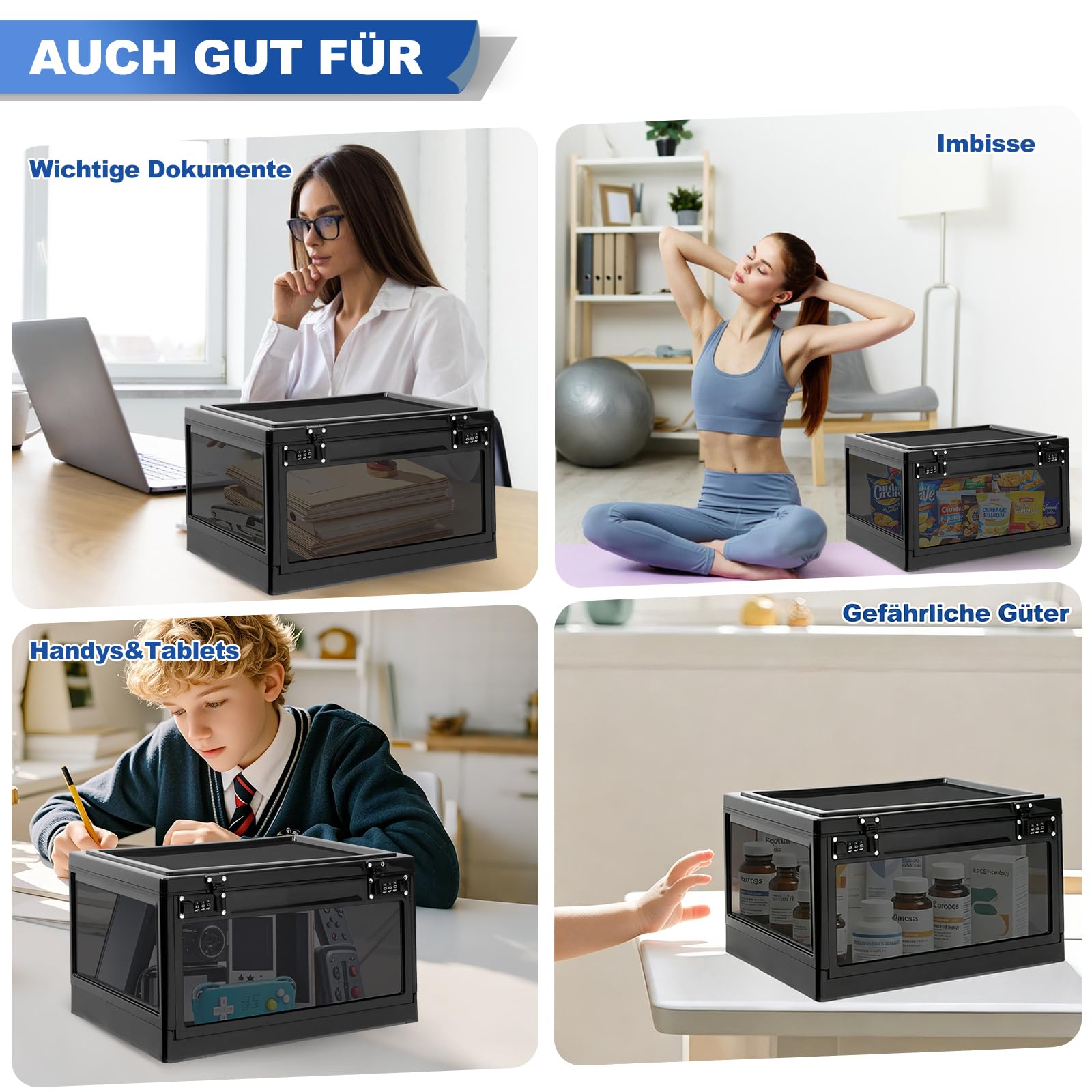 Caja con cerradura con doble cerradura de combinación, caja de seguridad de 24 l para medicamentos, teléfono móvil y aperitivos, caja de almacenamiento apilable con 2 cerraduras de
