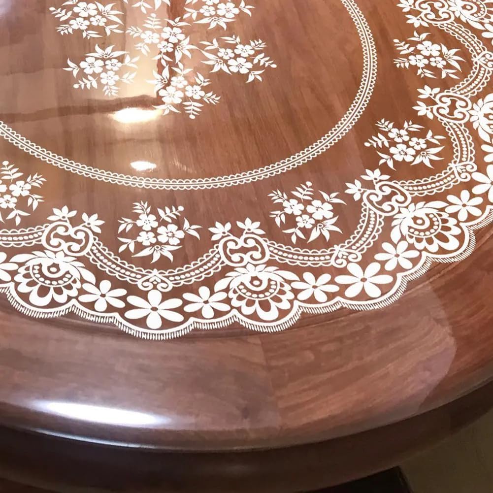 Round Clear Table Protector with Floral Pattern,Waterproof Oil-Proof Plastic Tablecloth PVC Vinyl Round Desk Pad Mat for Dining Room Tables,Easy Clean (95cm/37.4in,Khaki)