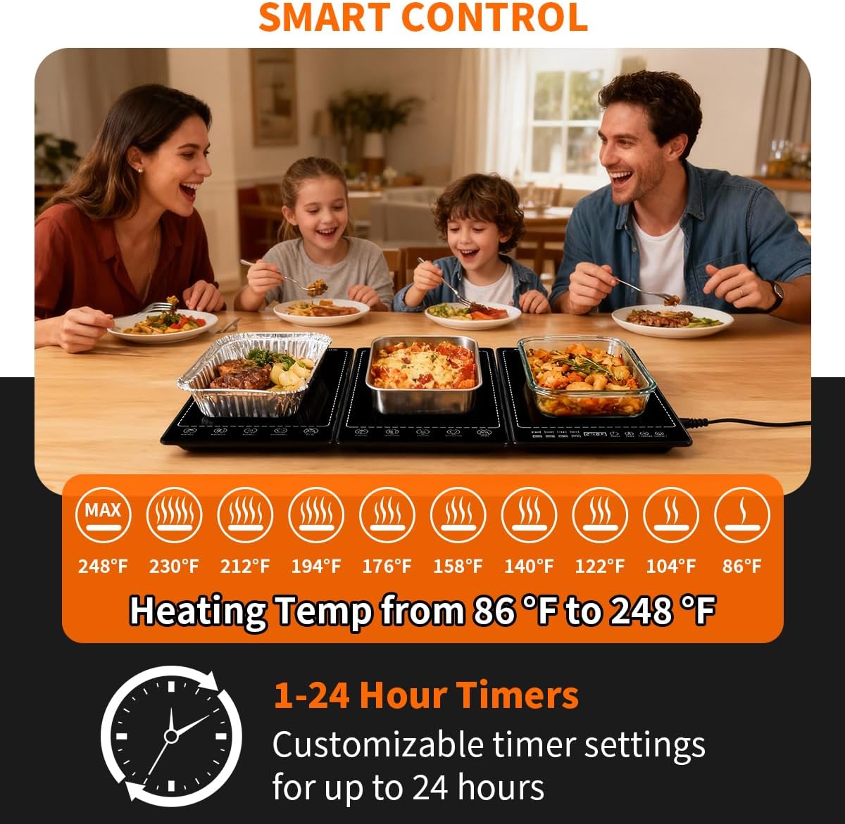 Electric Warming Tray, 25"x15" Food Warmer for Parties Buffets, 3-in-1 Modular Warming Mat Adjustable 86-248? Temperature & 24H Timer, Glass Surface Warming Chafing Dishes for Catering Gathering