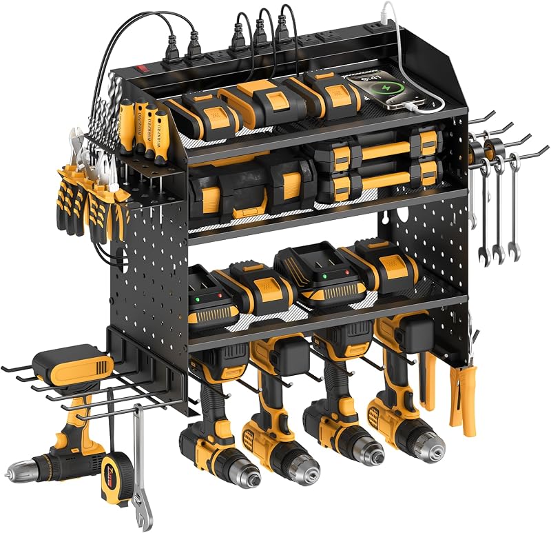 CCCEI Modular Power Tools Organizer with USB Charging Station, 4 Layer Drills and Battery Storage Wall Mount, Garage Shop Organization, Anniversary, Birthday, Gifts for Men, Father, 6FT Cord, Black.