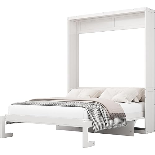SOFTSEA Wood Full Size Murphy Bed, Wall Bed Cabinet Bed 61.5” Foldable Platform Bed with Shelf for Guest Room