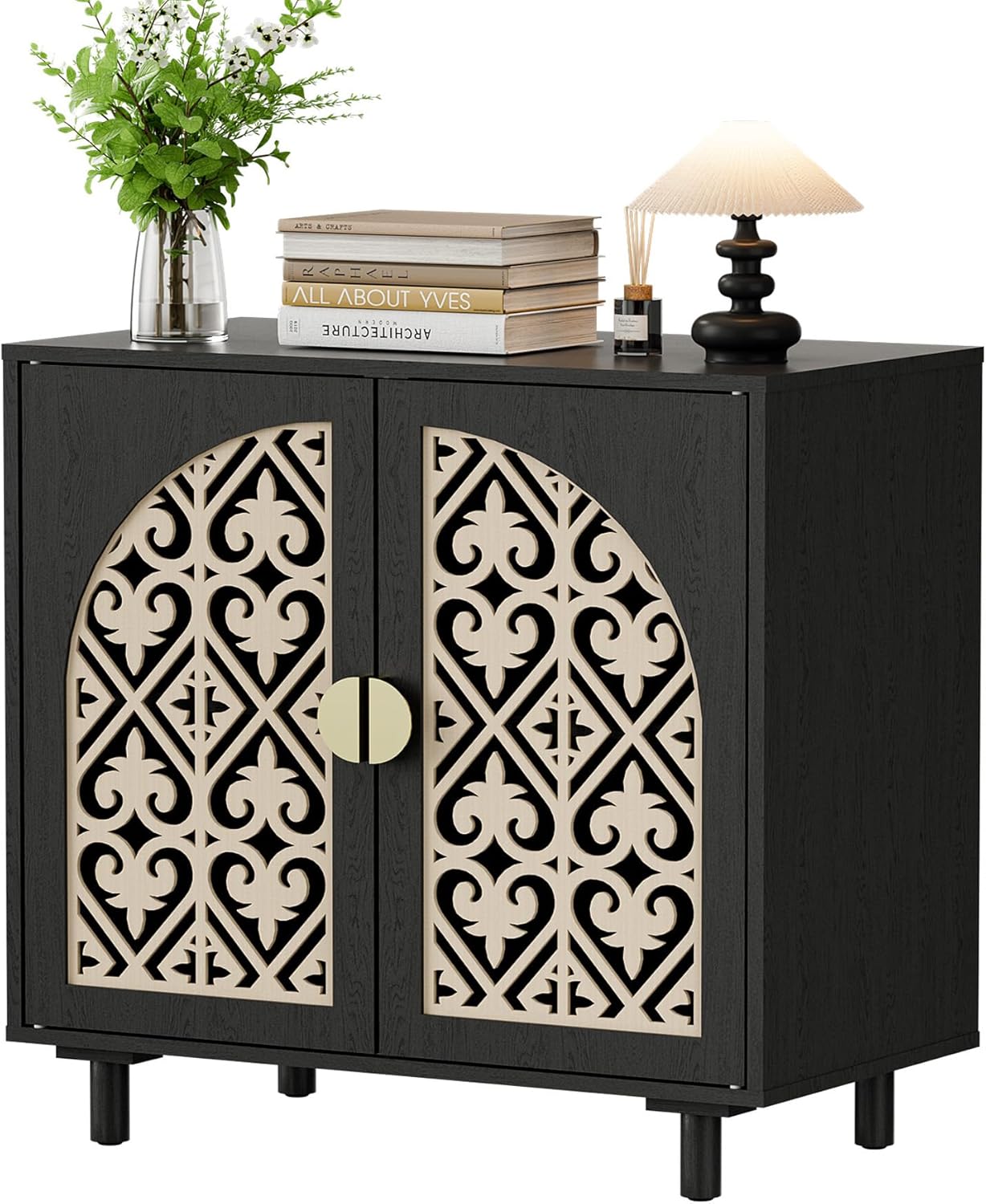 Boho Sideboard Buffet Cabinet, 2 Doors Arched Cabinet with Doors and Shelves, Console TV Stand with Hollow Carving Design for Living Room, Kitchen, Entryway, Black