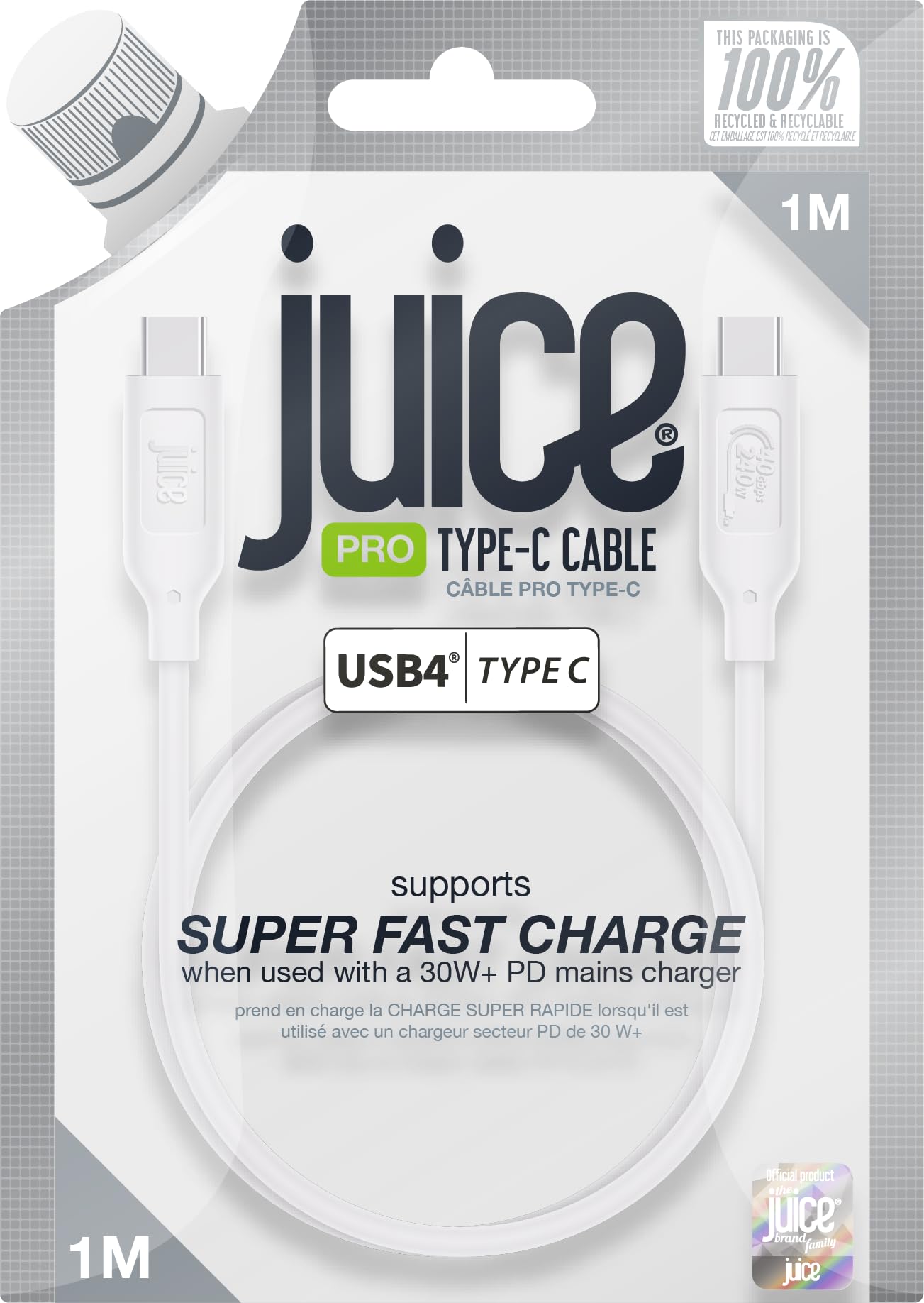 Juice Black Jui-Cable-Typec-4.0-1M-Rnd-Eco-Blk Usb Cable Usb4 Gen 2X2 Usb C
