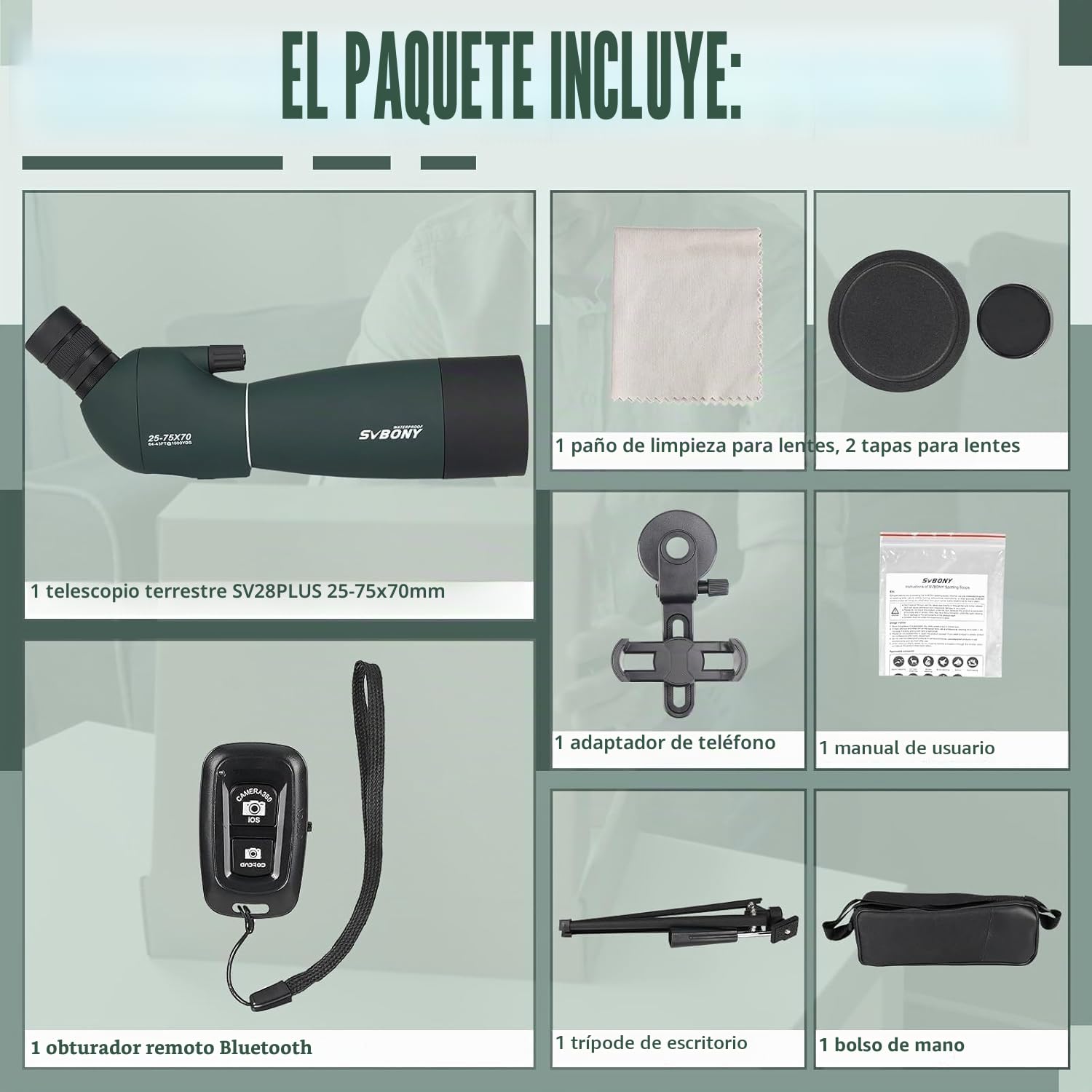 Svbony SV28PLUS Telescopio Terrestre 25-75x70 mm BAK4 FMC Visores Controlador Inalámbrico
